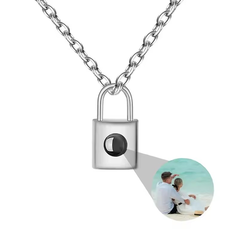Silver padlock pendant with photo projection crystal