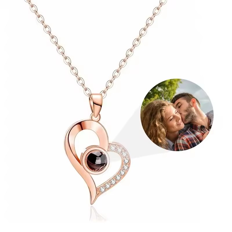 Rose gold heart photo projection necklace