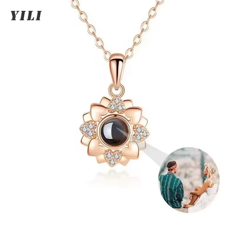 Rose gold sunflower pendant with photo projection crystal